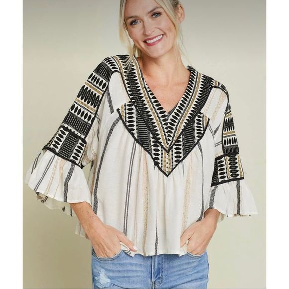 THML Tops - THML v-neck Flutter Sleeve Embroidered Swing Blouse MEDIUM